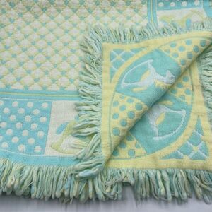 Vtg Kids Count Rocking Horse Blanket Pastel Yellow Blue Knit Fringe Japan 29x37